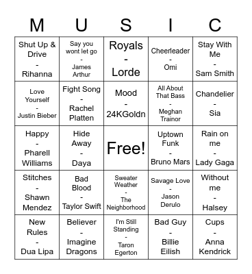 Pop Music Bingo Card