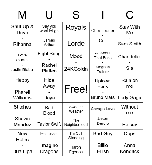 Pop Music Bingo Card