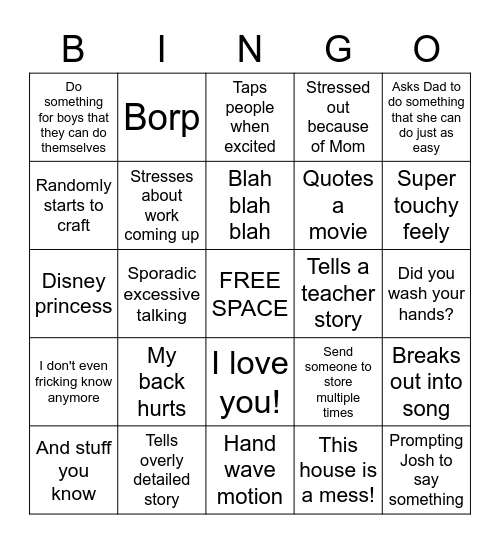 Mom Bingo Card