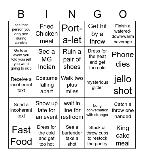 Mardi Gras Bingo Card