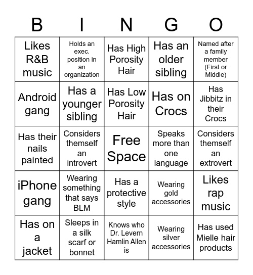 Black Sisterhood Get to Know Each Other Bingo Card