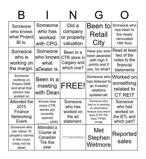 Canadian Tire Finance Bingo Fill Name & Position Bingo Card