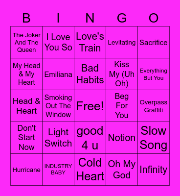 The Hits Music Bingo Card