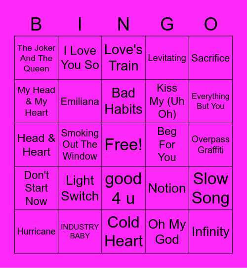 The Hits Music Bingo Card