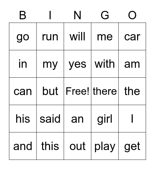 Kindergarten Sight Words 2 Bingo Card