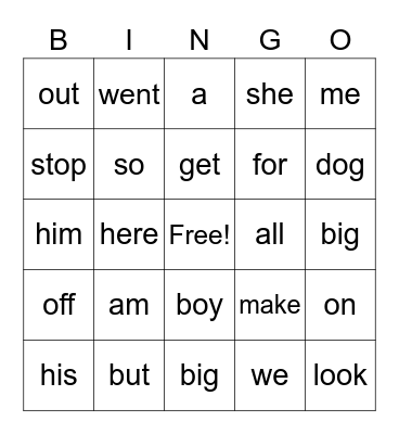 Kindergarten Sight Words 3 Bingo Card