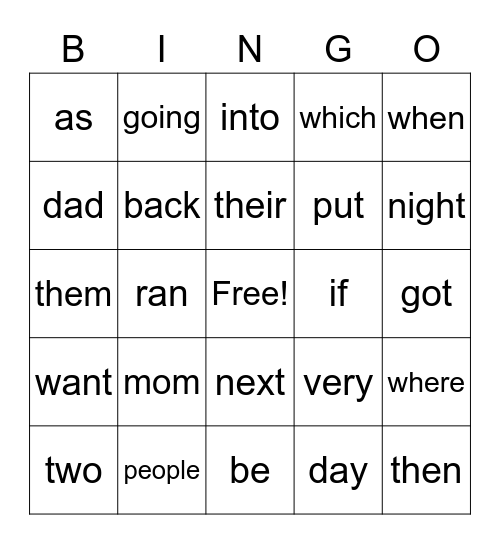 First Grade Sight Words 2 Bingo Card