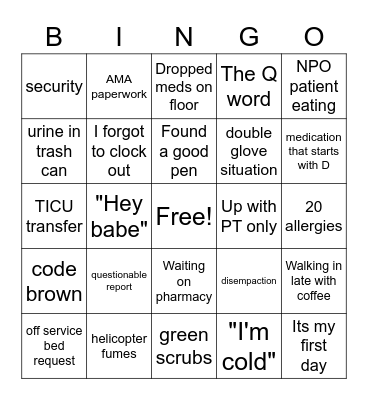 Trauma Nurse Bingo Card