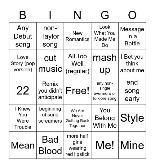 Taylor Swift Dance Party Bingo Card