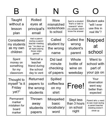 Never have I ever Teachers version Bingo Card