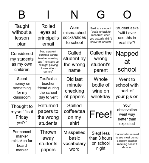 Never have I ever Teachers version Bingo Card