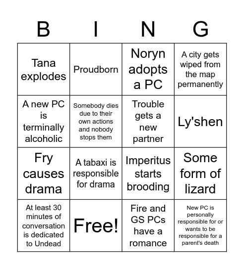 CoS Bingo Card