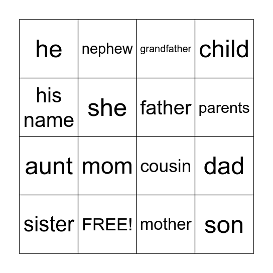 Family Bingo Card