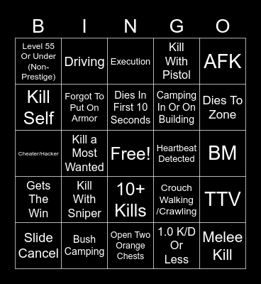 Warzone Bingo Card