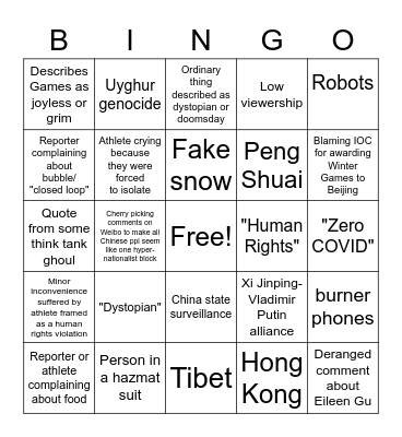 Beijing Olympics Bingo Card