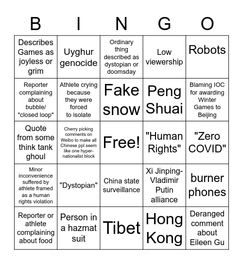 Beijing Olympics Bingo Card