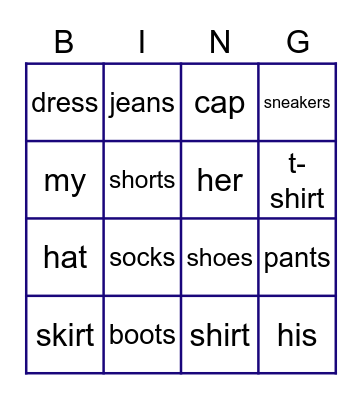 Clothes Bingo Card