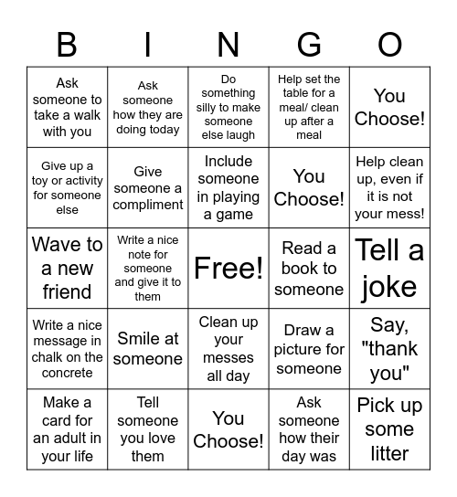 Kindness Bingo Card