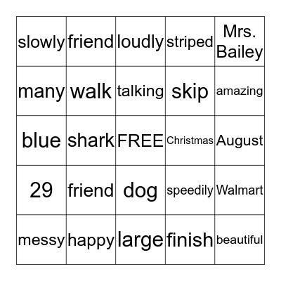 Parts of Speech Bingo Card