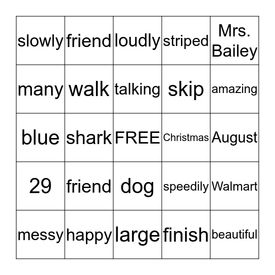 Parts of Speech Bingo Card