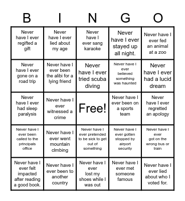 Life Experiences Bingo Card
