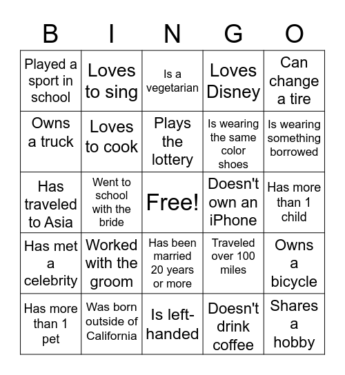 Find the guest mingle bingo -      Have guests initial their square Bingo Card