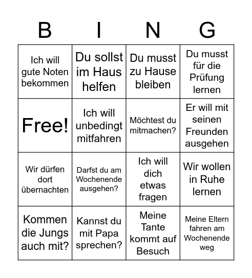 Ganz Klasse II Thema 1 Phrases Bingo Card