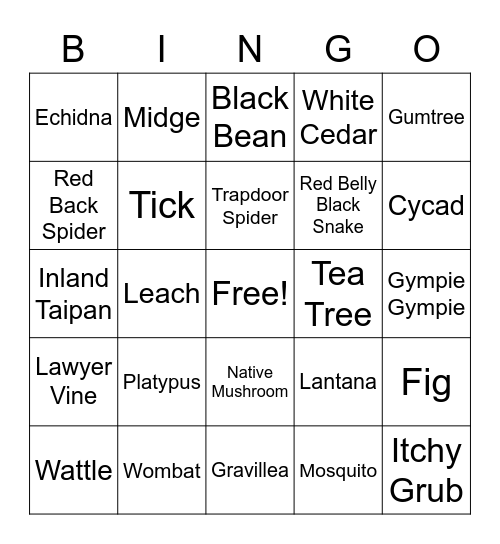 Australian Flora/Fauna Bingo Card