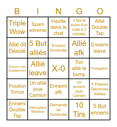 Rocket League Bingo Card