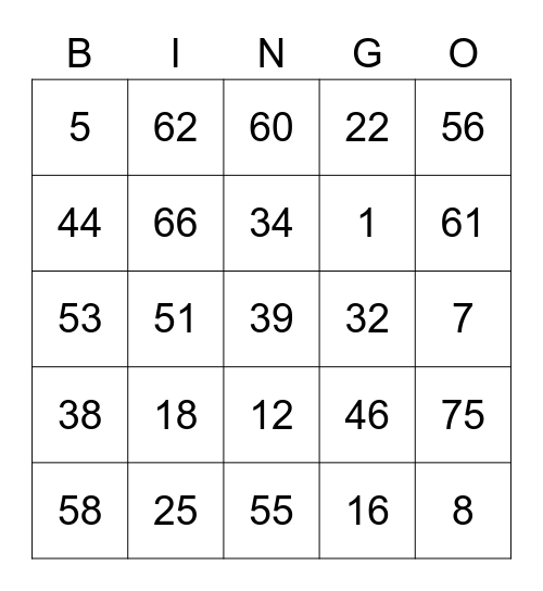 Joe Round 1 (Numbers) Bingo Card
