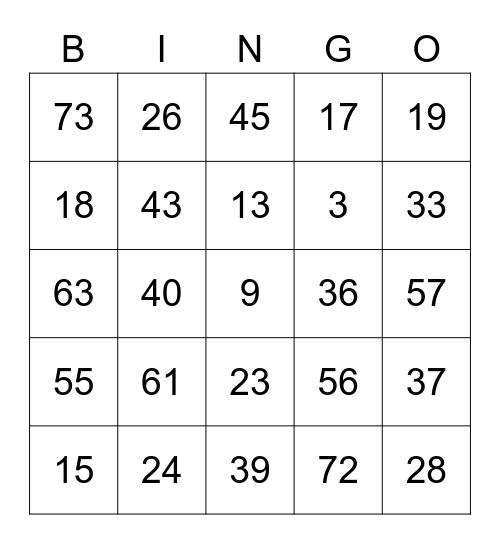 Nintenrock Round 1 (Numbers) Bingo Card