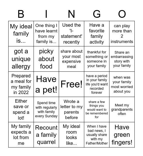 Family Bingo! Bingo Card