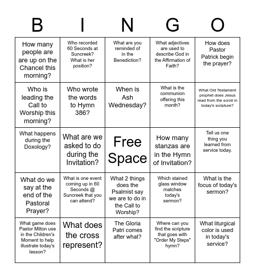 Worship Bingo - 02.20.22 Bingo Card