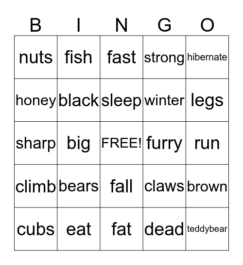 BEARS Bingo Card