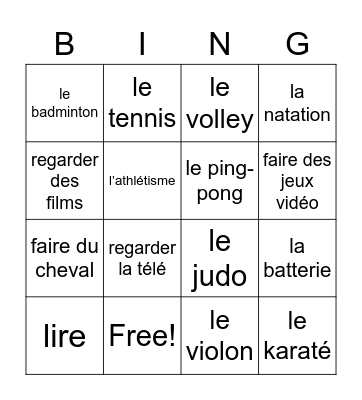 Les hobbies Bingo Card