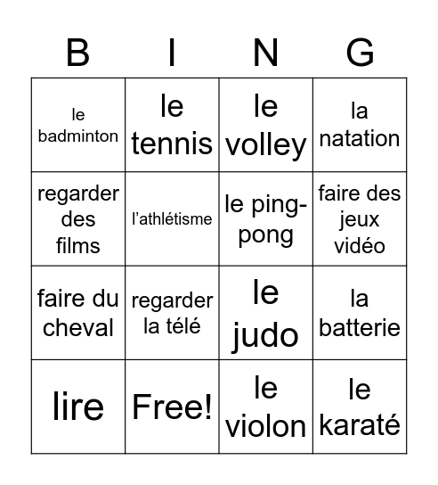 Les hobbies Bingo Card