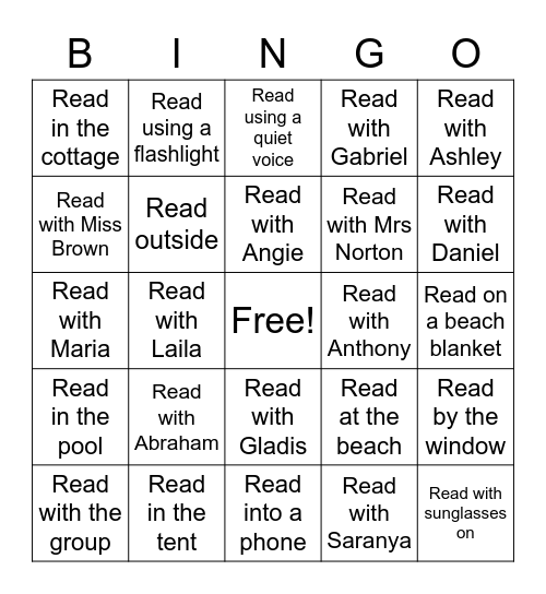 Read during School Vacation Bingo Card