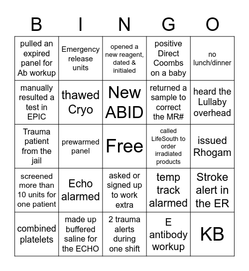 BLOOD BANK Bingo Card