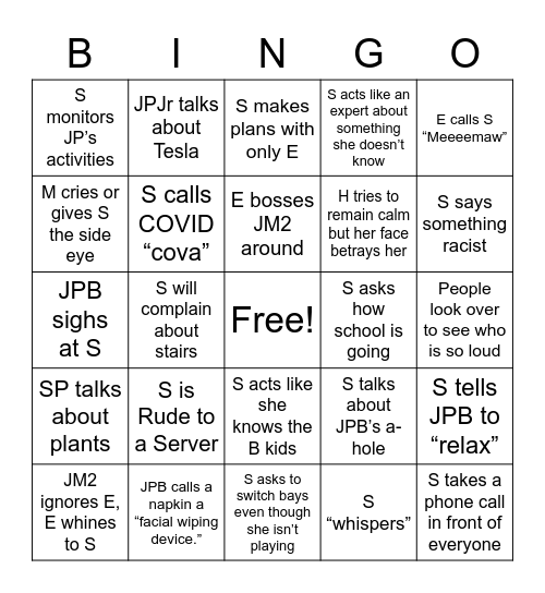 Family Bingo Card