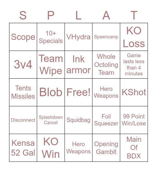 Splatoon 2 Solo Q Bingo Card