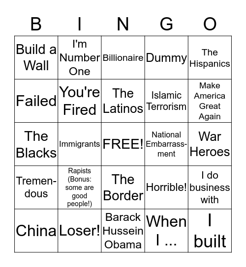 Donald Trump Bingo  Bingo Card