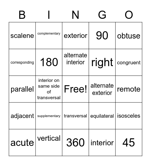 Gannalo Bingo - Measures of Angles Bingo Card