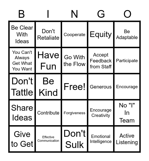 Team Building Words and Expressions Bingo Card