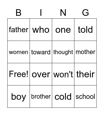 Sight words Bingo Card