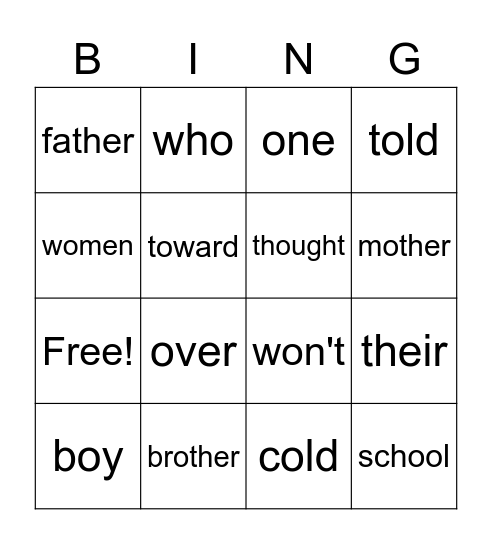 Sight words Bingo Card