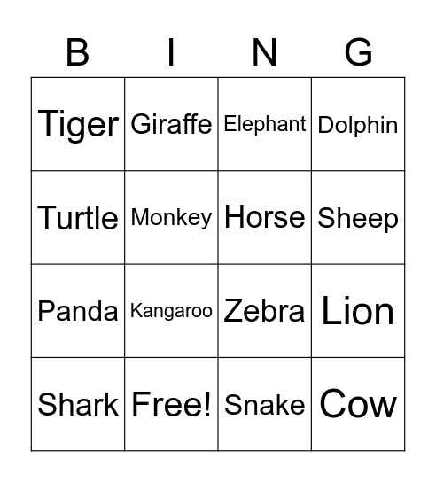 Animals!! Bingo Card