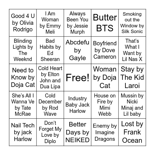 Genre: Pop Bingo Card