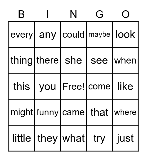 Sight Word Bingo Card