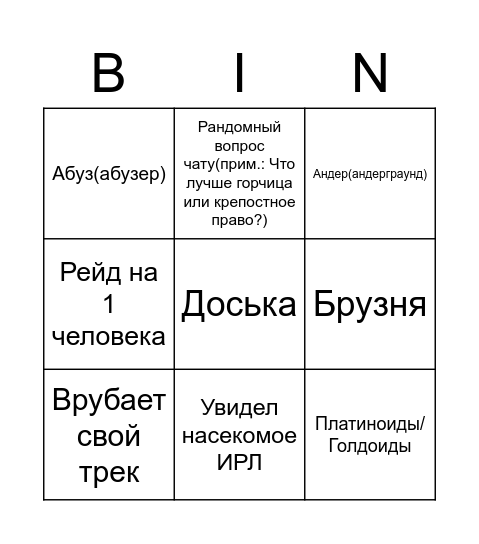 Нунаербинго Bingo Card