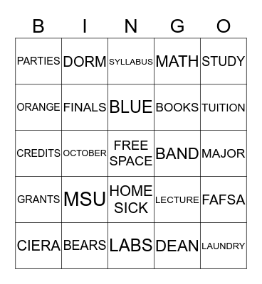 Ciera's College Bingo Card